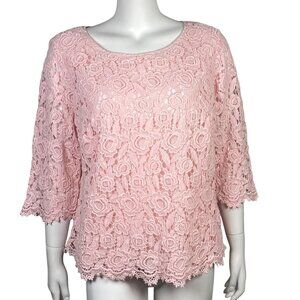 Talbots Lace Floral Shirt Blouse Womens Petite 18WP Pink 3/4 Sleeves Popover